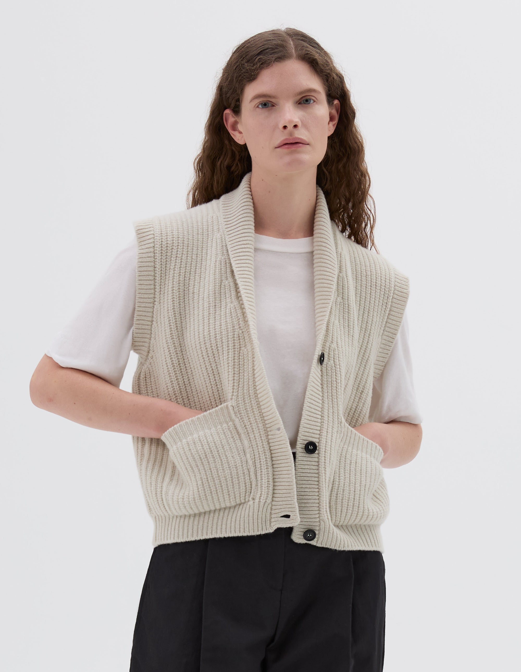 Gilet en côtes anglaises à col châle - Beige & White