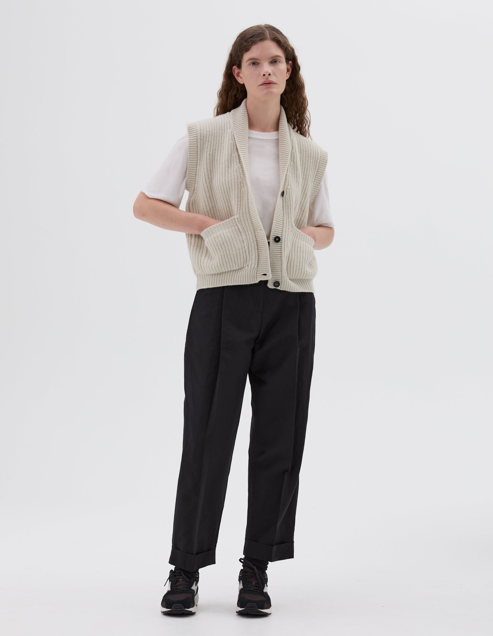 Gilet en côtes anglaises à col châle - Beige & White