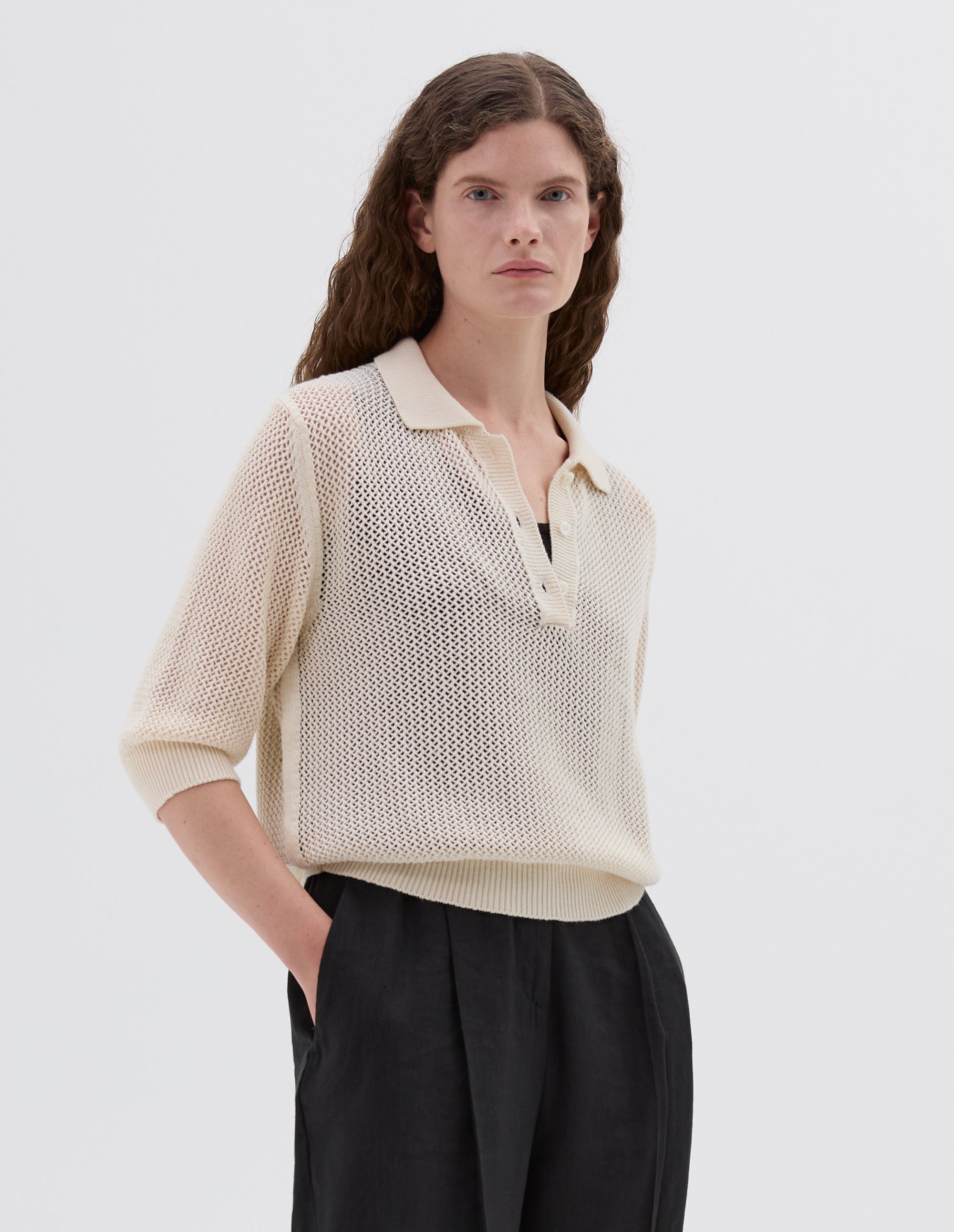 Polo en maille ajourée - Beige & White