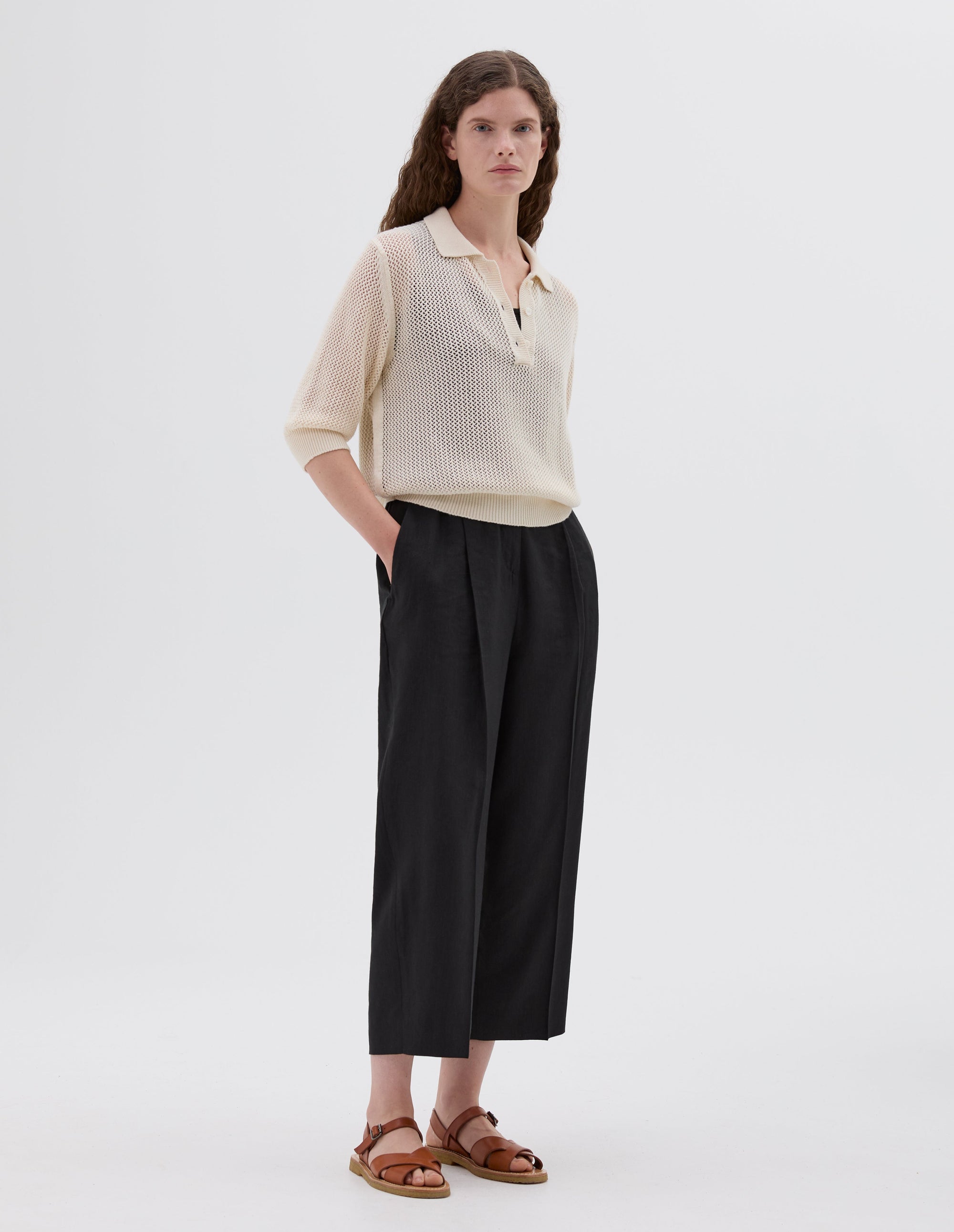 Polo en maille ajourée - Beige & White