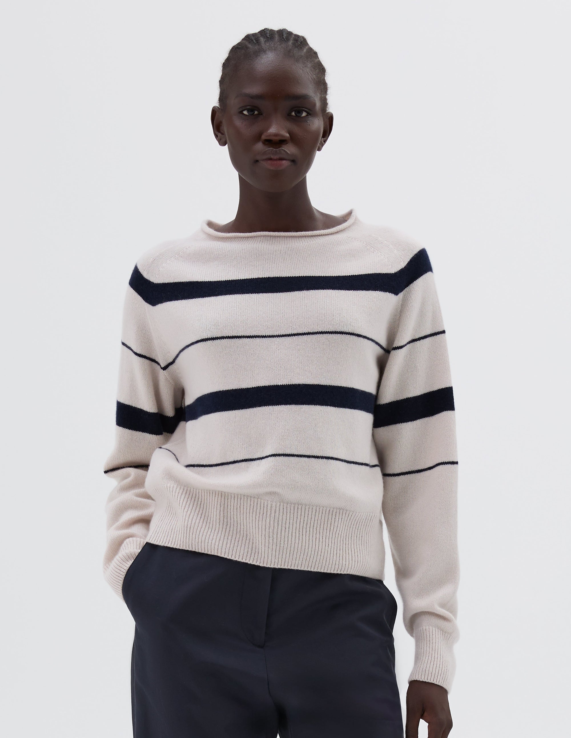 Pull à rayures à bords roulottés - Navy & White & Striped