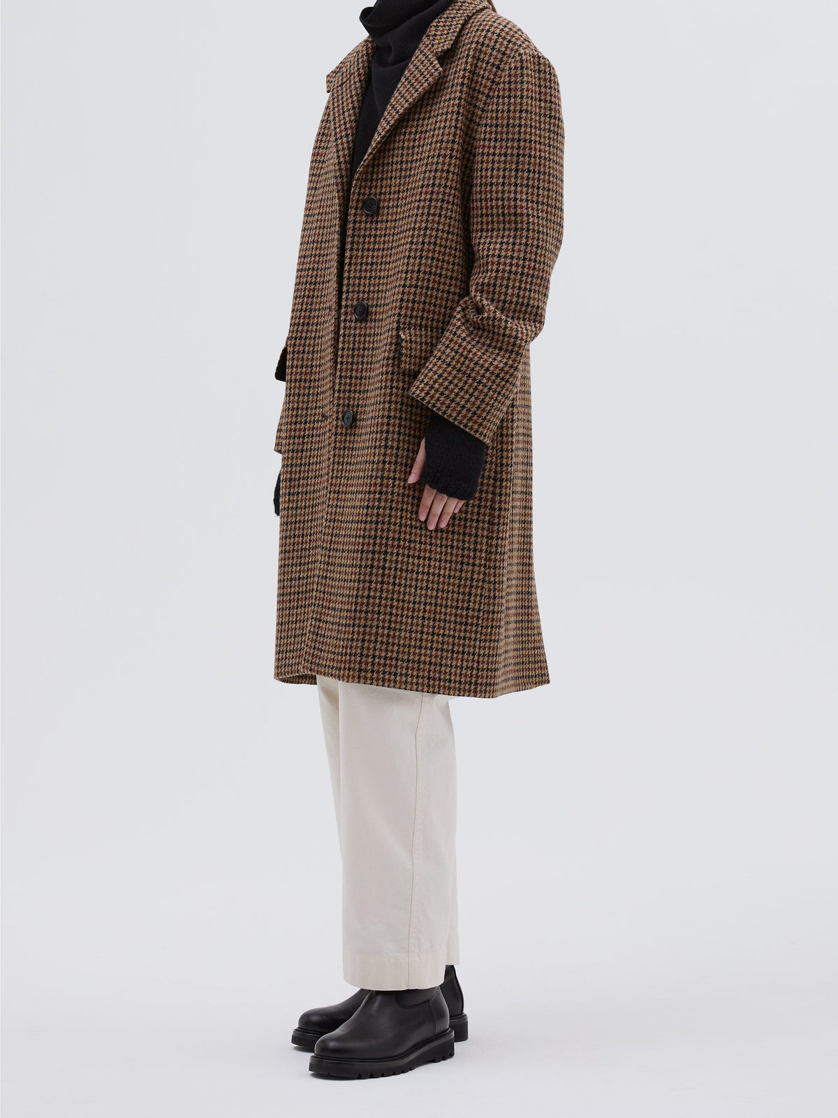 Manteau à motif pied-de-poule en laine - Black & Tan & Rust