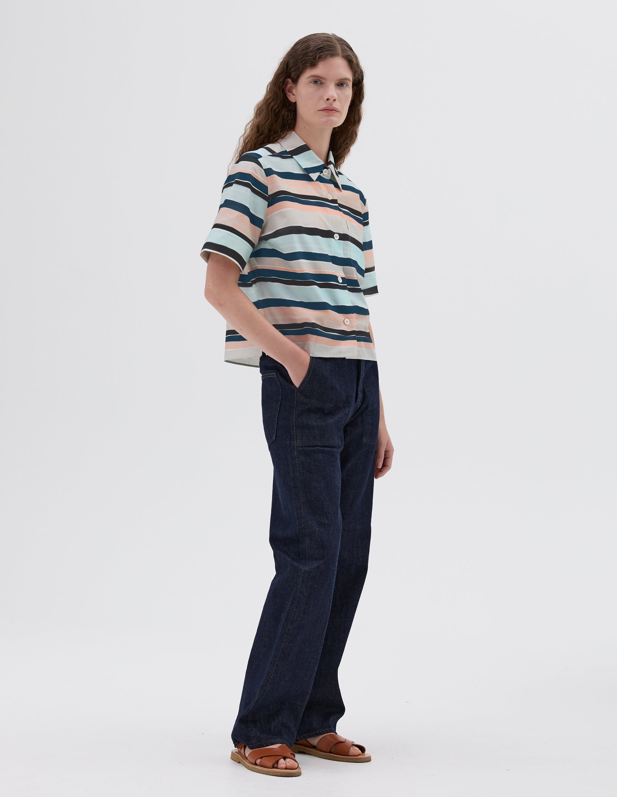 Chemise à petits poignets - Striped & Pink & Navy & Blue