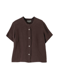 Chemise manches courtes sans col en lin - Brown