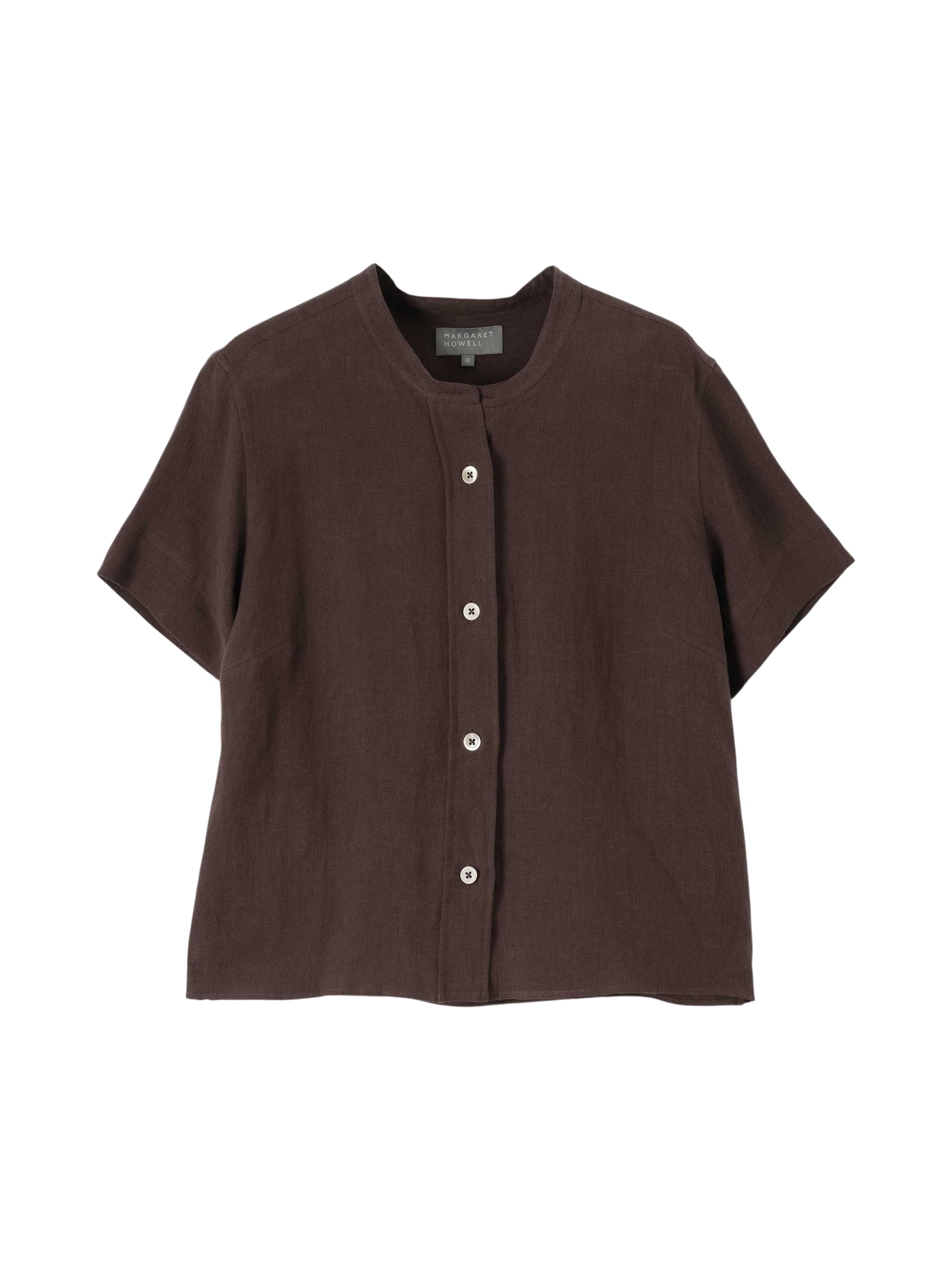 Chemise manches courtes sans col en lin - Brown