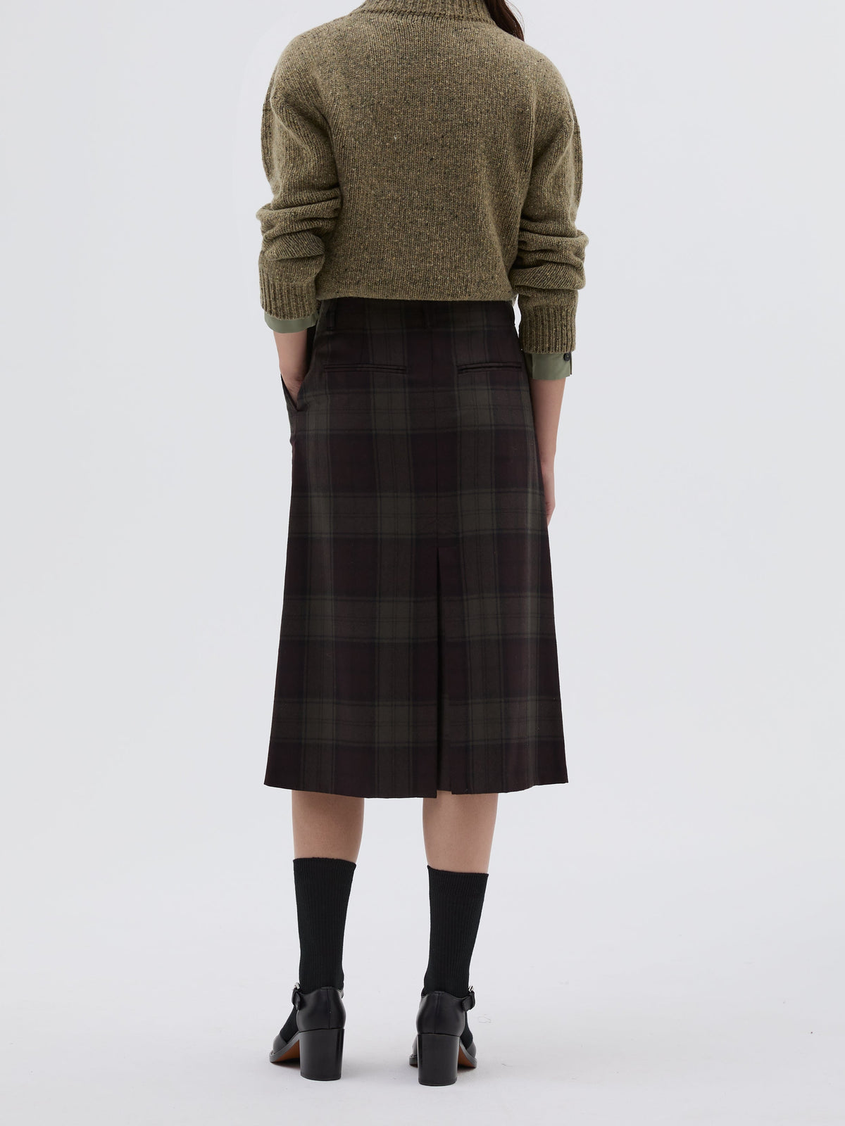 Jupe midi à carreaux en laine - Khaki & Brown