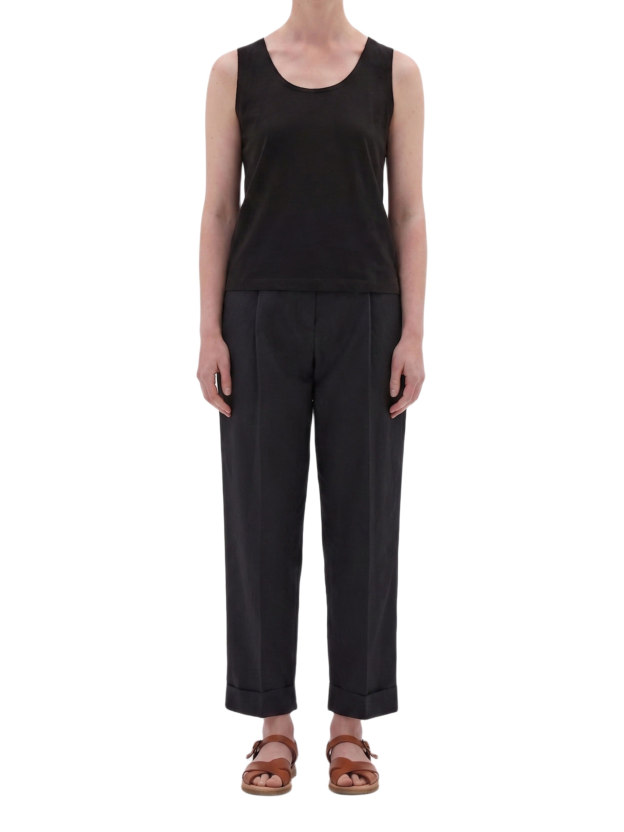 Pantalon court à pli unique en laine & lin - Black