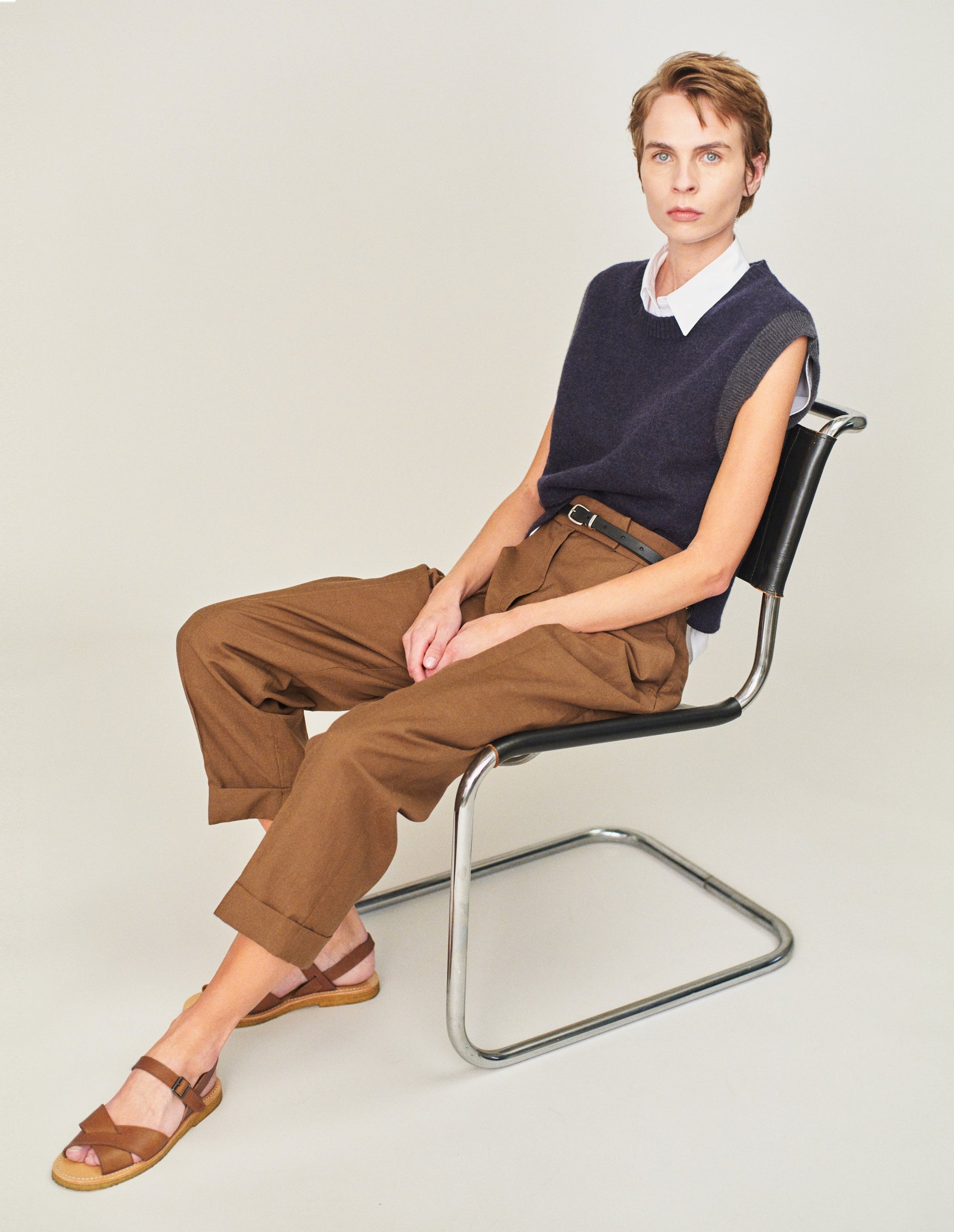 Pantalon court à pli unique - Beige & Brown