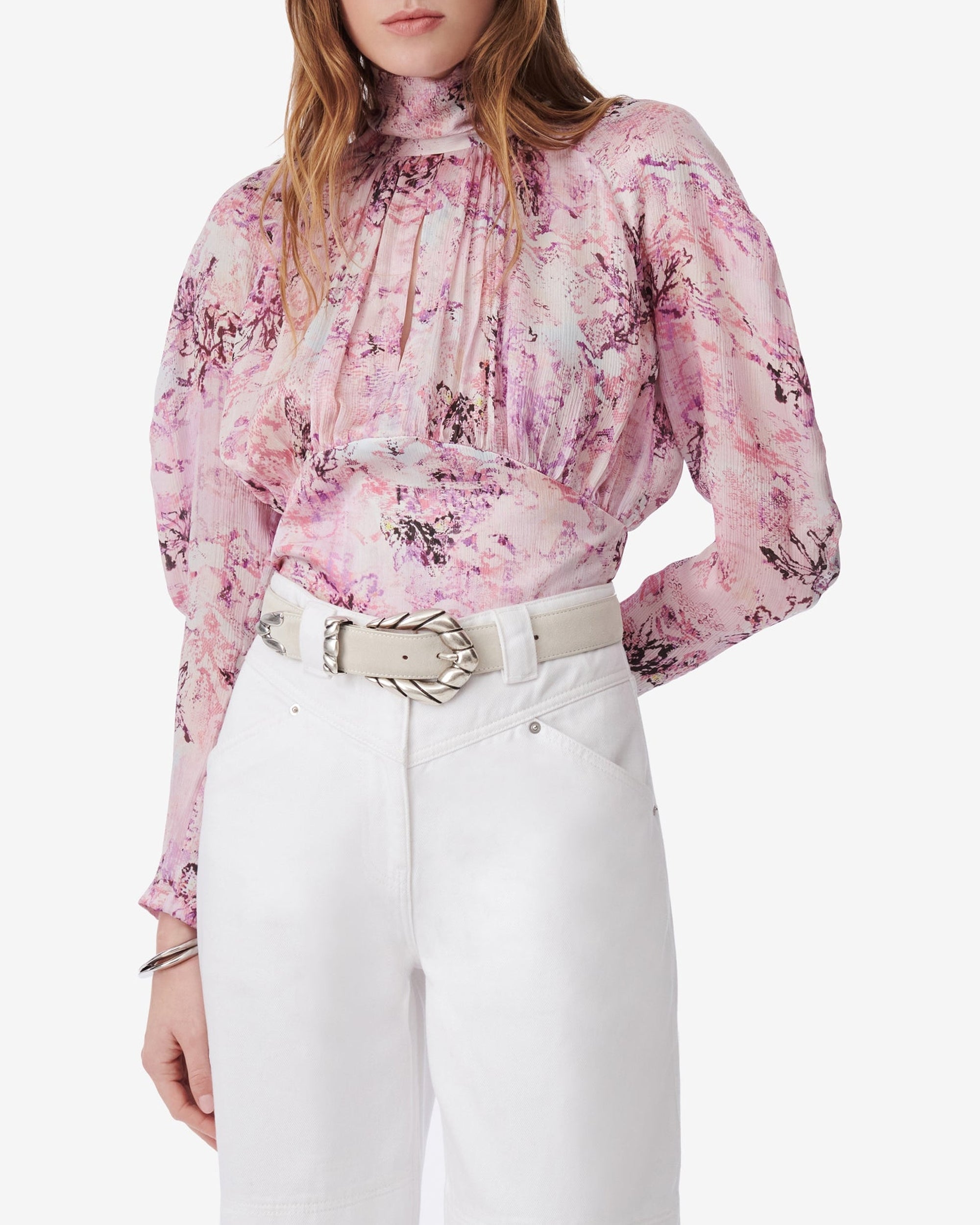Tamira silk blouse with puffed sleeves - Ecru & Light Pink