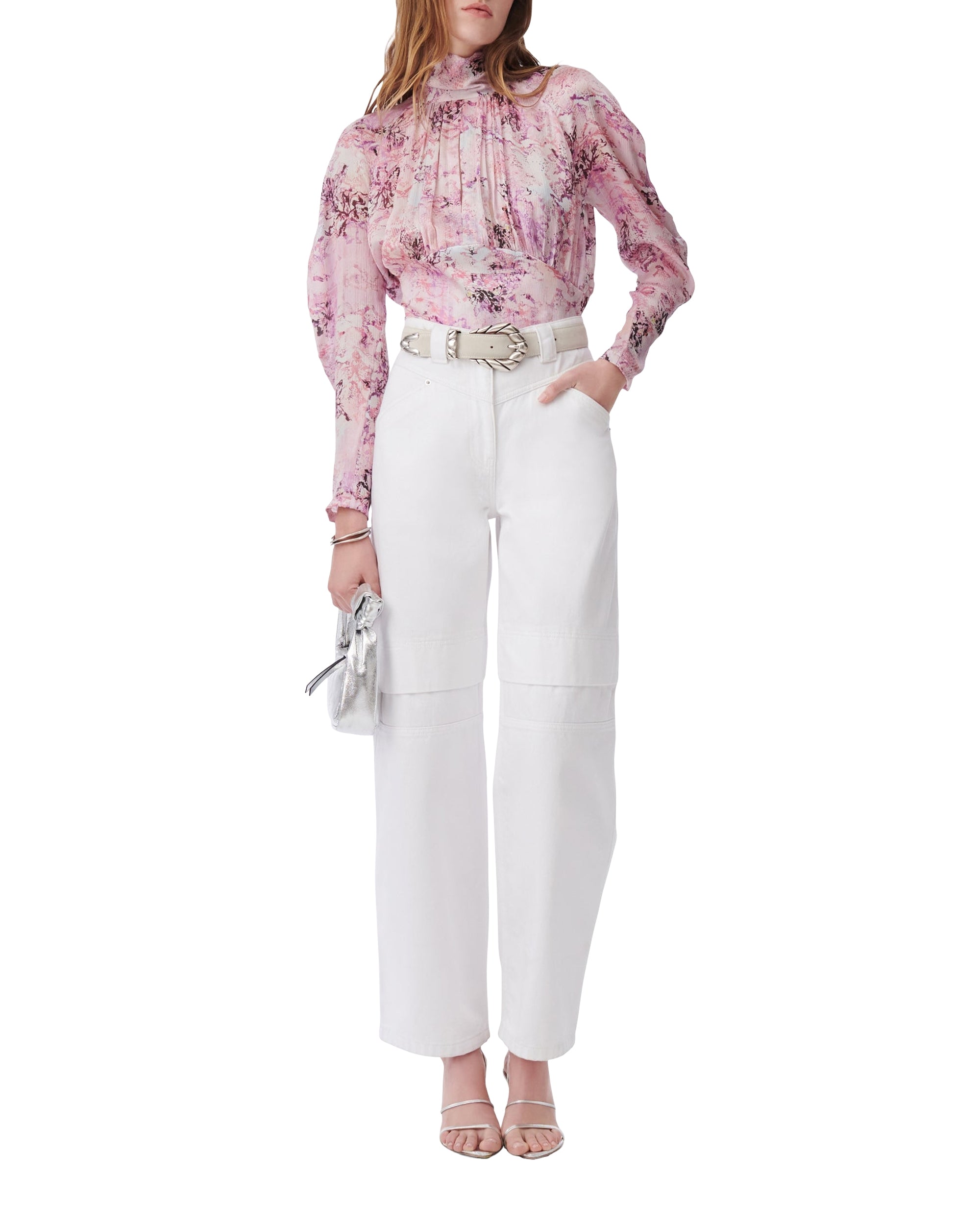 Tamira silk blouse with puffed sleeves - Ecru & Light Pink