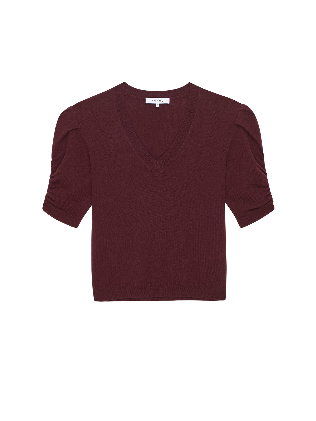 CASHMERE GATHERED V-NECK SWEATERDEEP BURGUNDY