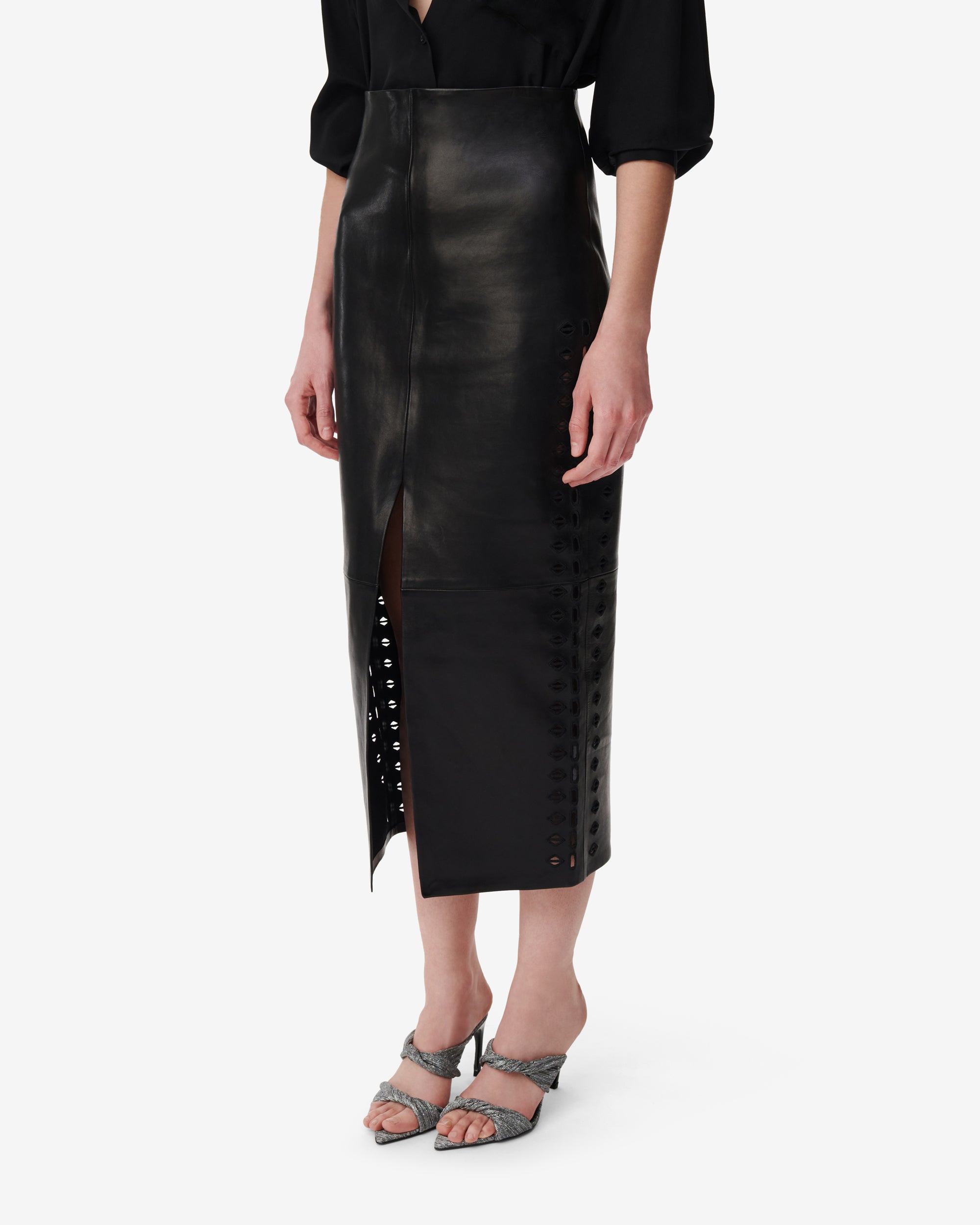 Akine split skirt in leather - Black