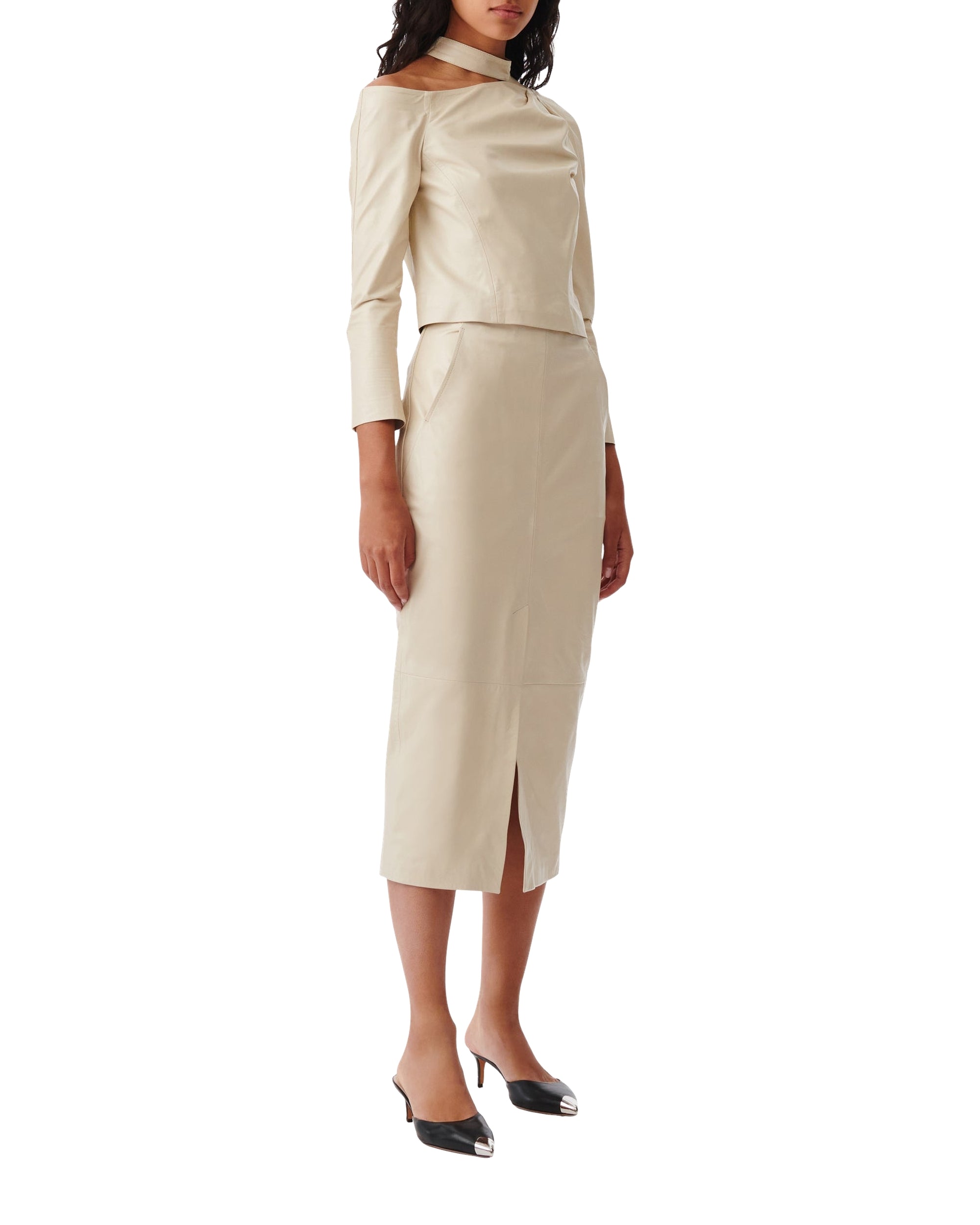 Nadia midi skirt in leather - Ecru
