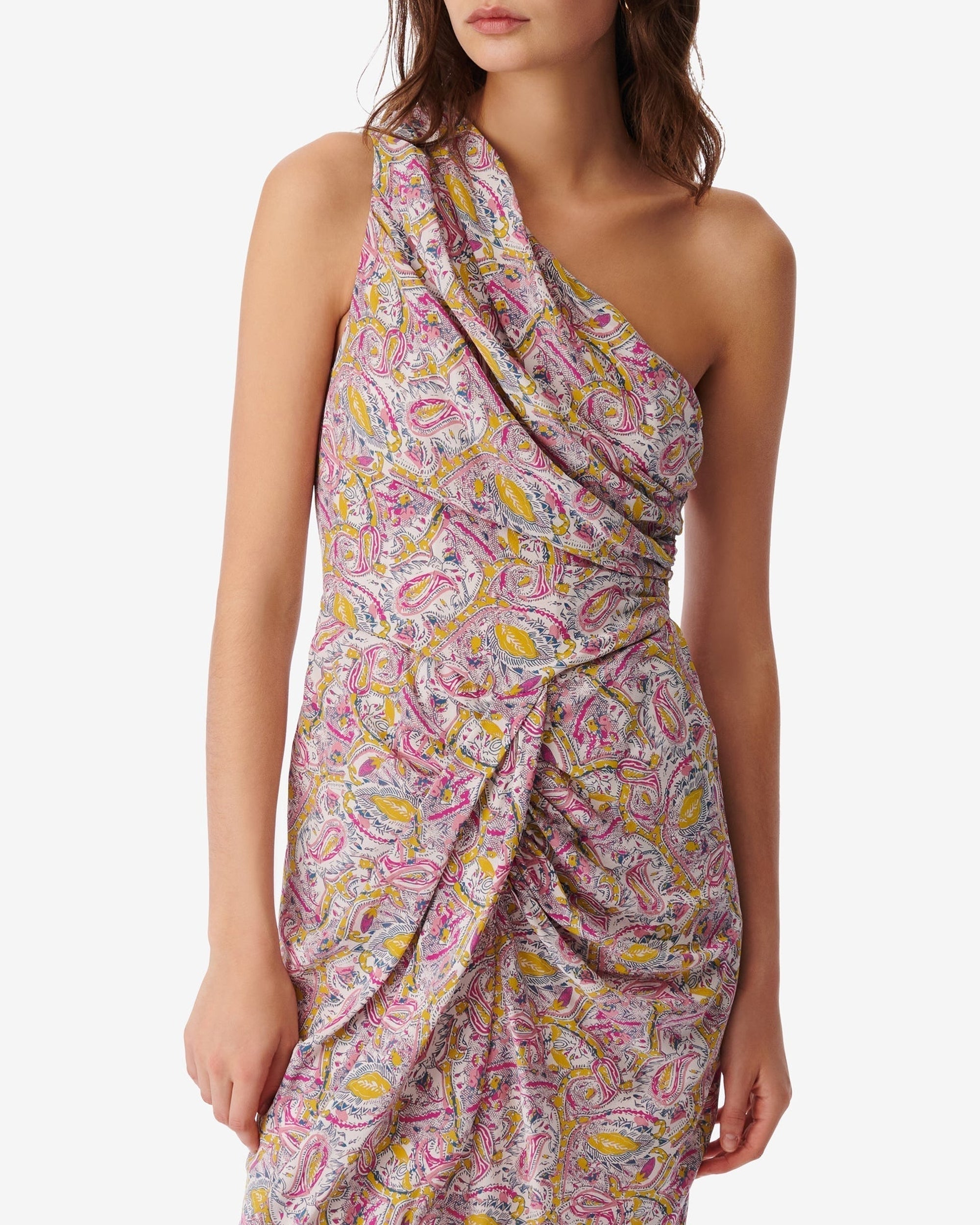 Tabea midi-length dress in silk - Ecru & Pink