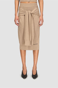Hybrid Knit Wrapped Knee Length Skirt - Beige