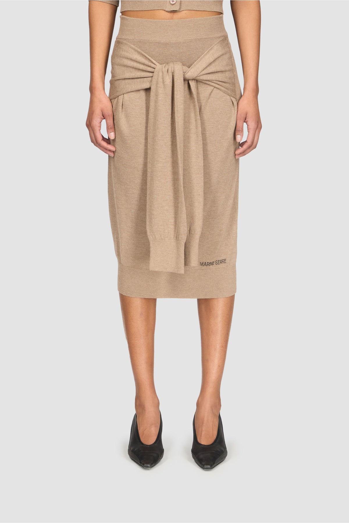 Hybrid Knit Wrapped Knee Length Skirt - Beige
