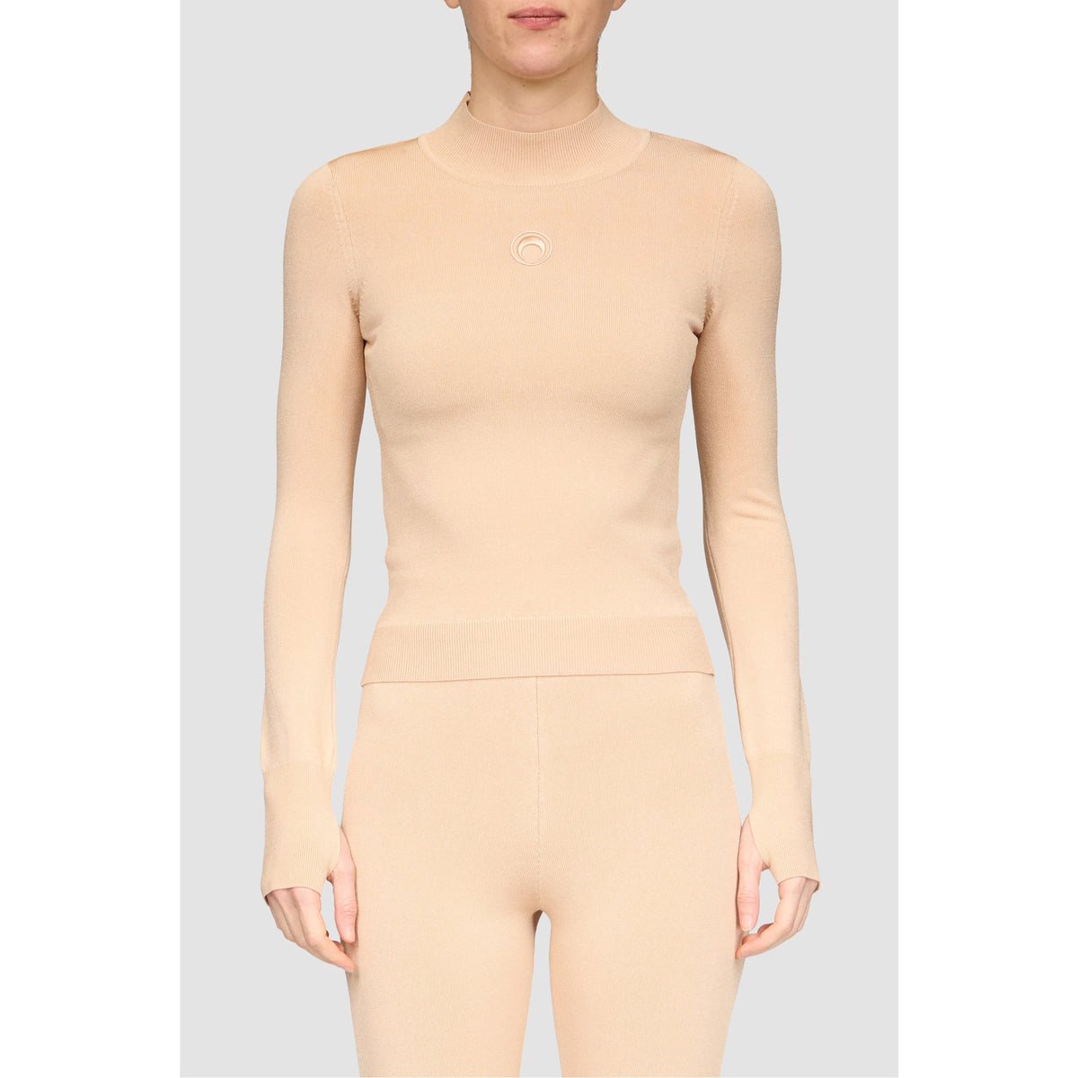 Moon Logo Knit Ls Highneck Top - Beige