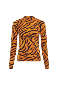 Tiger Printed Jersey Ls Highneck Top - Orange