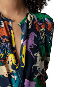 Robe Ranage Horses en soie - Blueberry