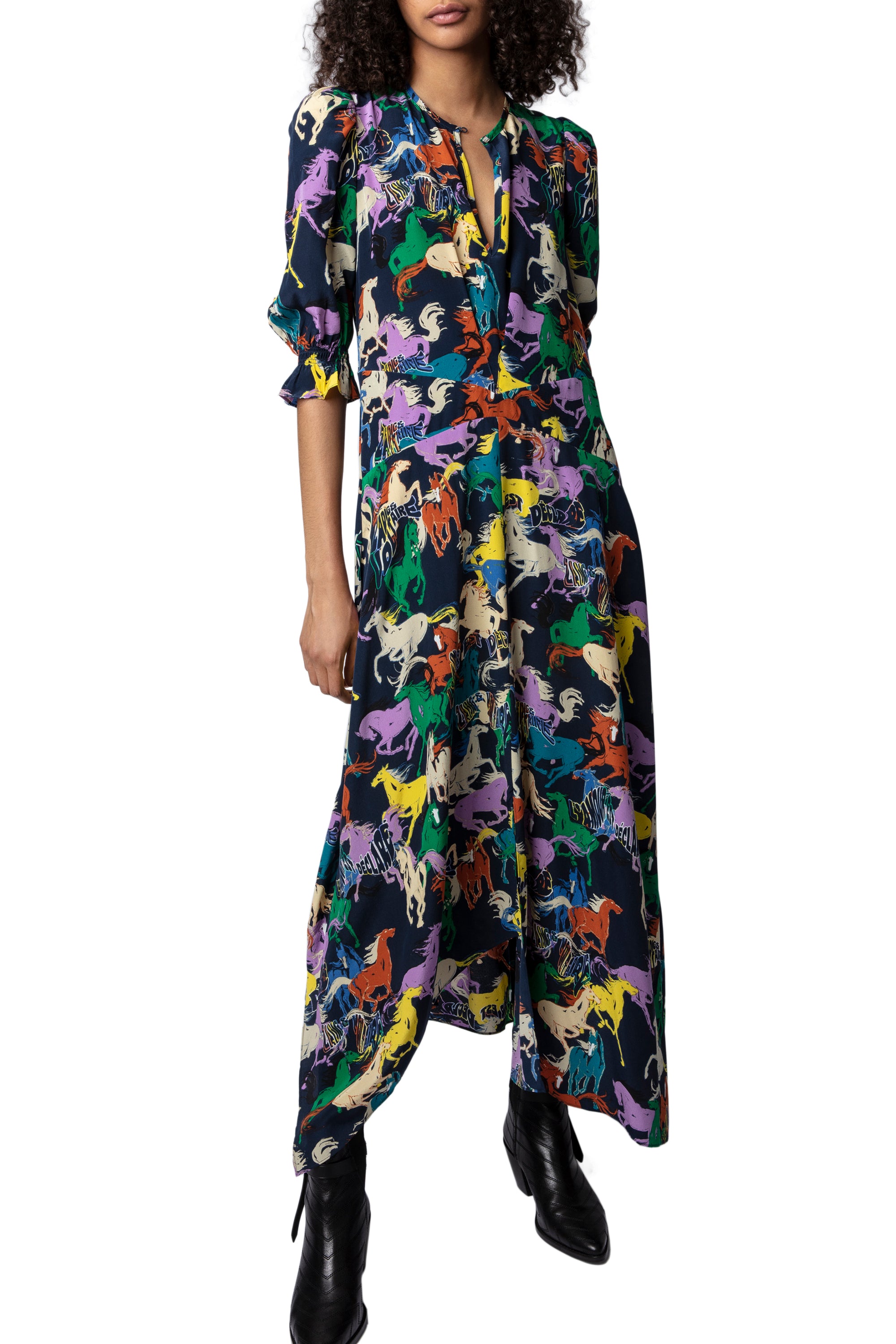 Robe Ranage Horses en soie - Blueberry