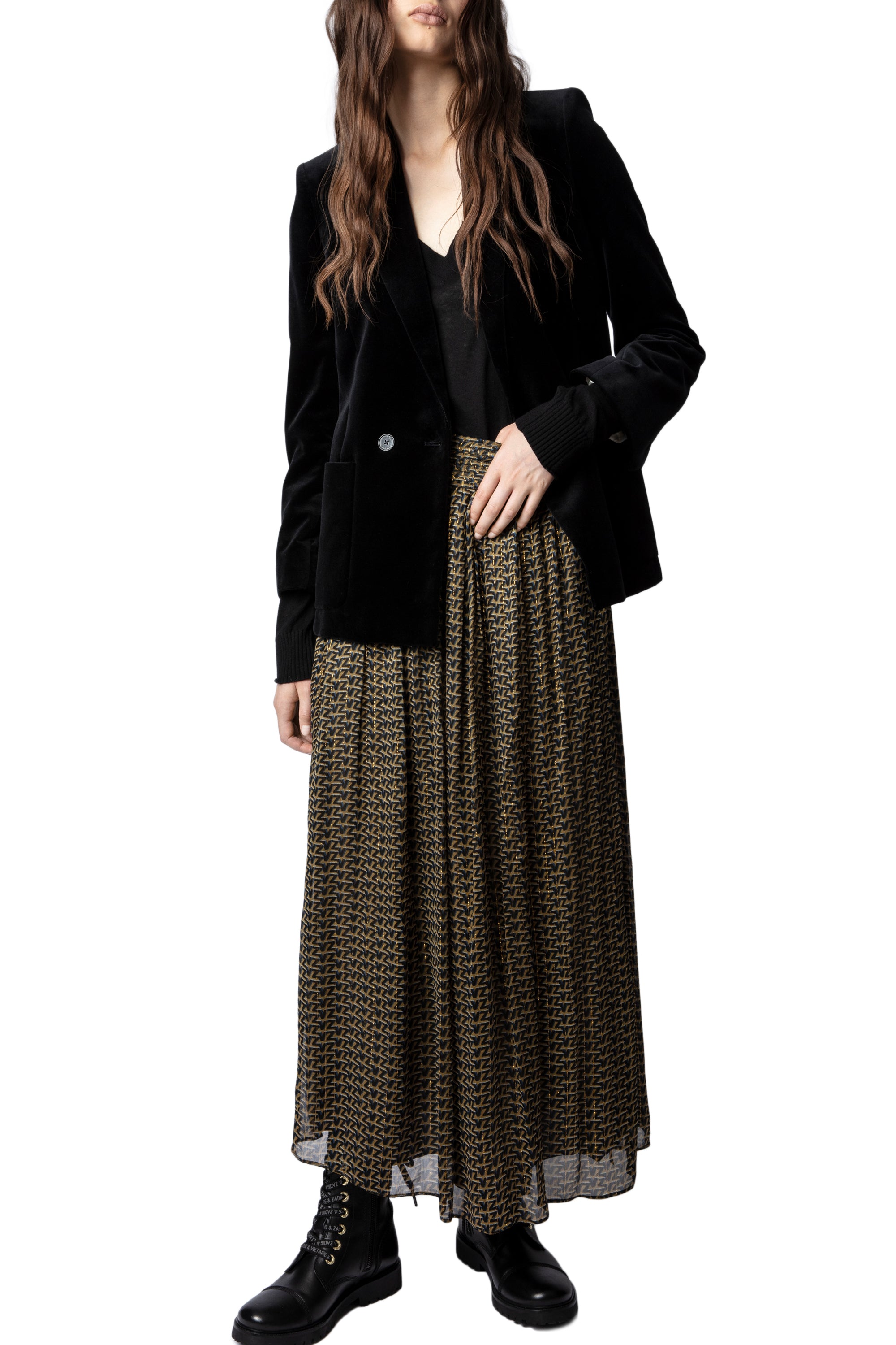 Jade Mousseline skirt with "ZV" logo - Cognac
