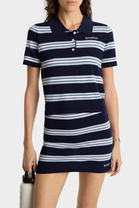 Serif Logo Silk Pique Cropped Polo - Navy & White & Flax Blue