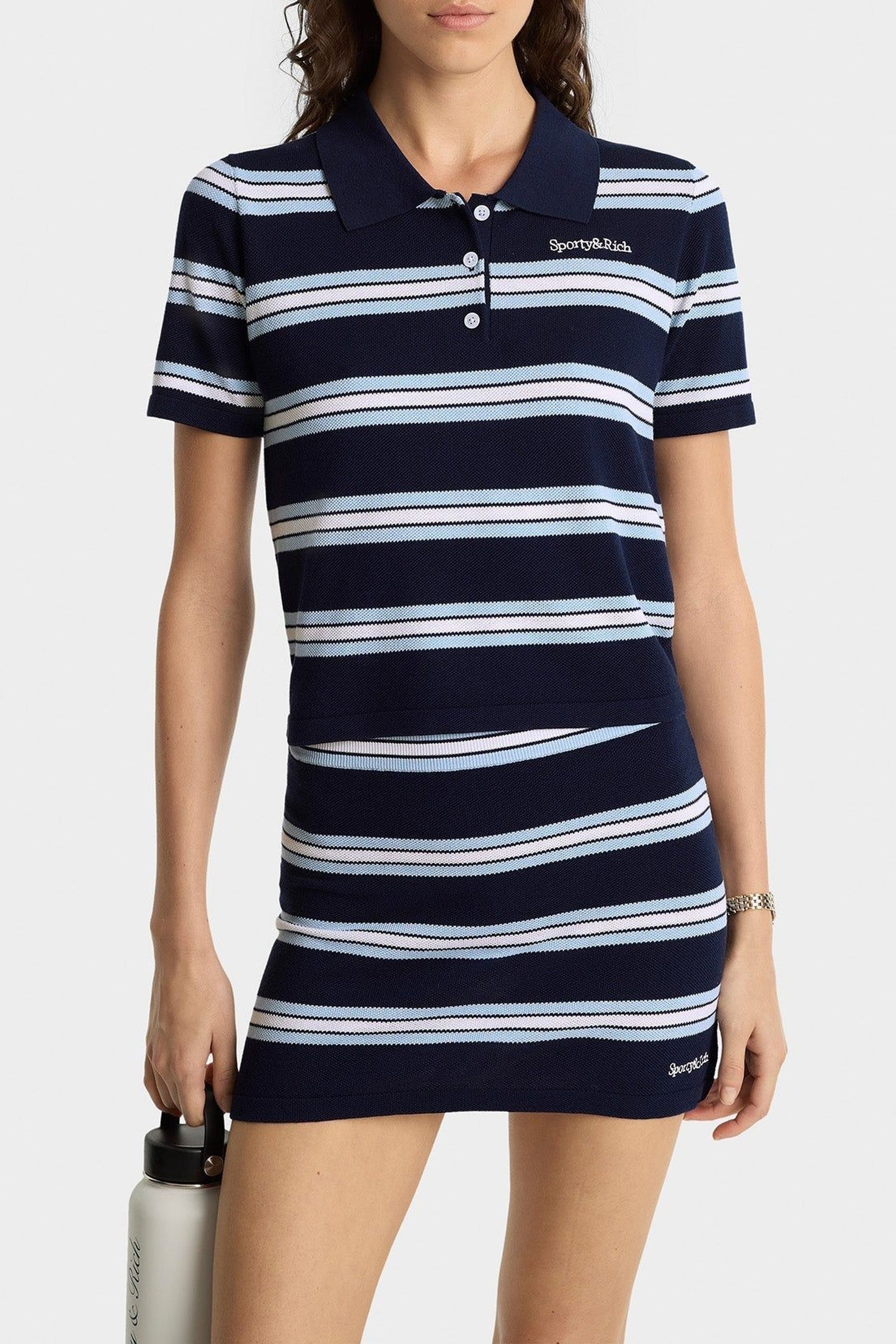 Serif Logo Silk Pique Cropped Polo - Navy & White & Flax Blue