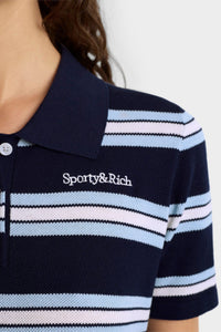 Serif Logo Silk Pique Cropped Polo - Navy & White & Flax Blue