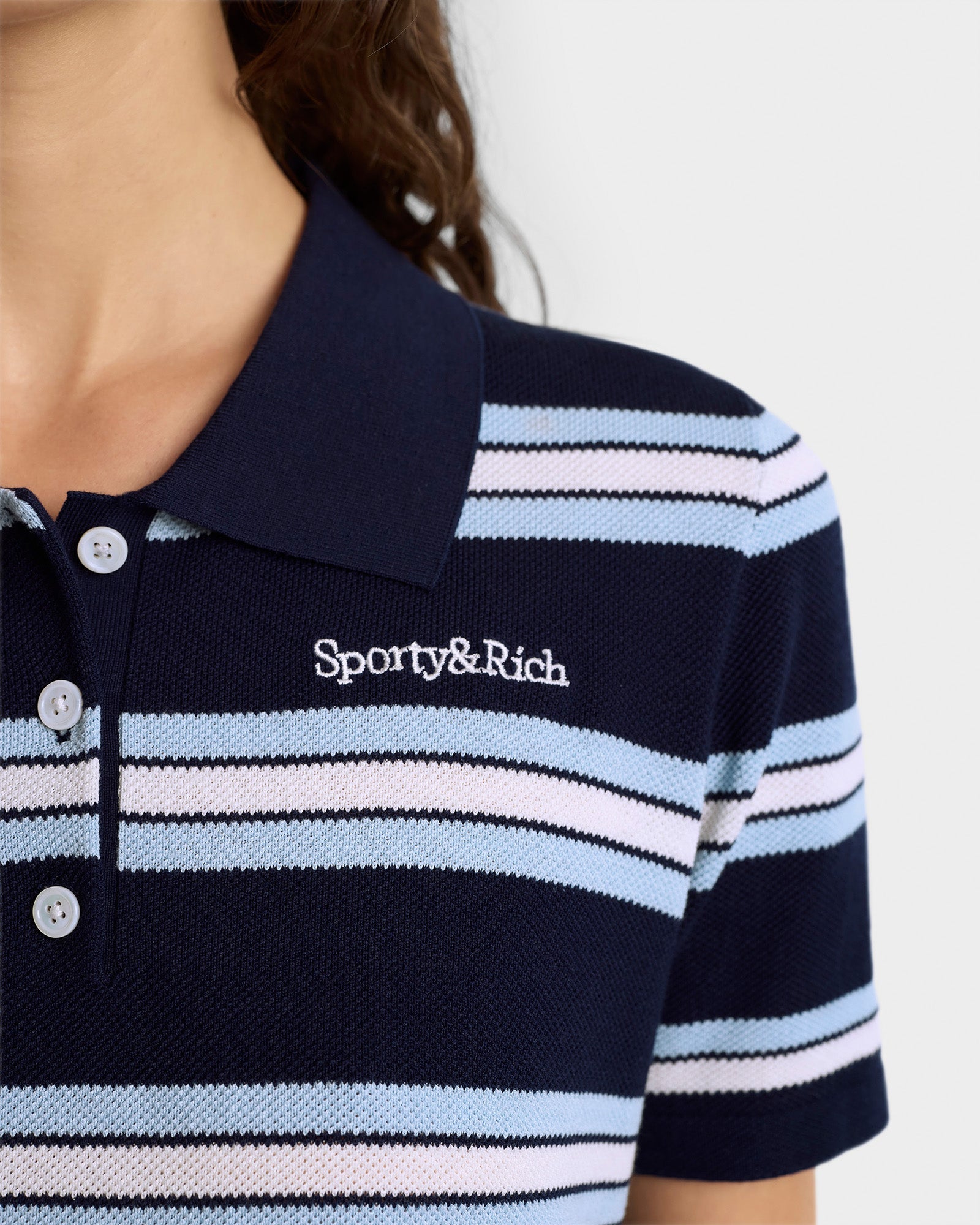 Serif Logo Silk Pique Cropped Polo - Navy & White & Flax Blue