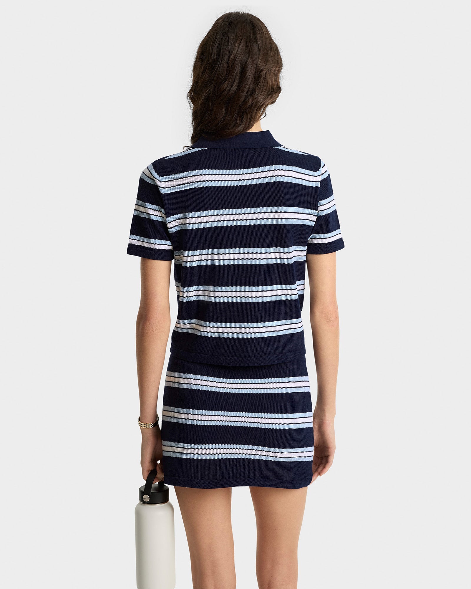 Serif Logo Silk Pique Cropped Polo - Navy & White & Flax Blue