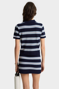 Serif Logo Silk Pique Cropped Polo - Navy & White & Flax Blue