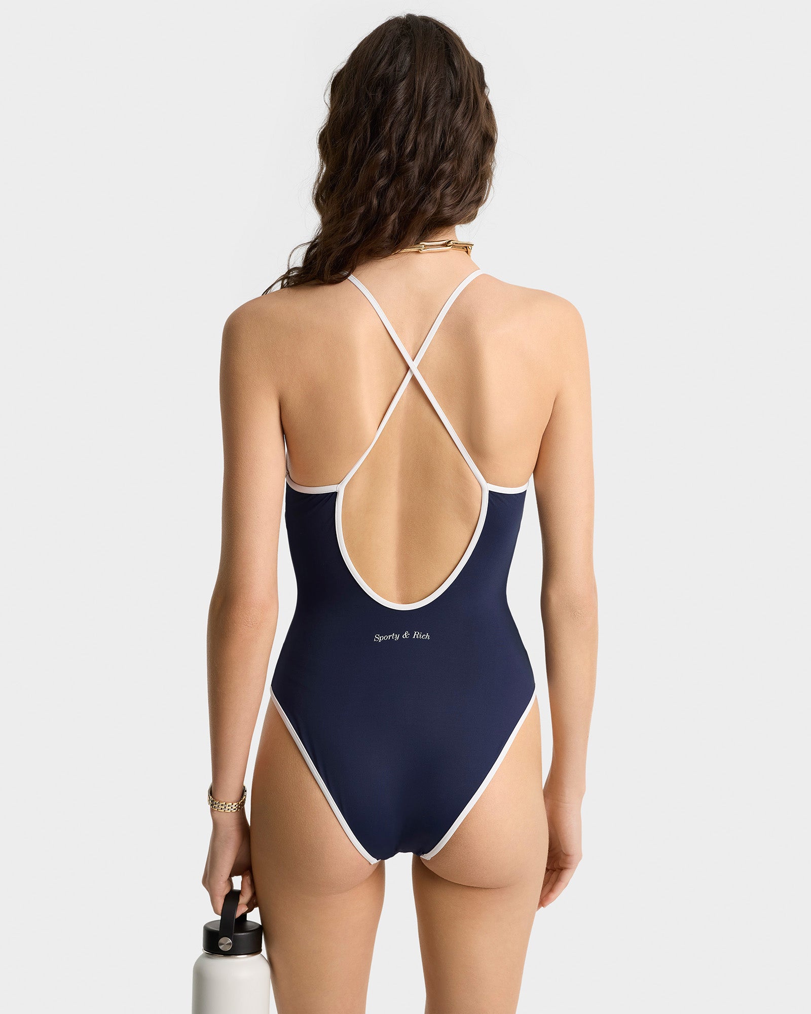 Maillot une pièce Eden Crest à liseré - Dark Navy & White