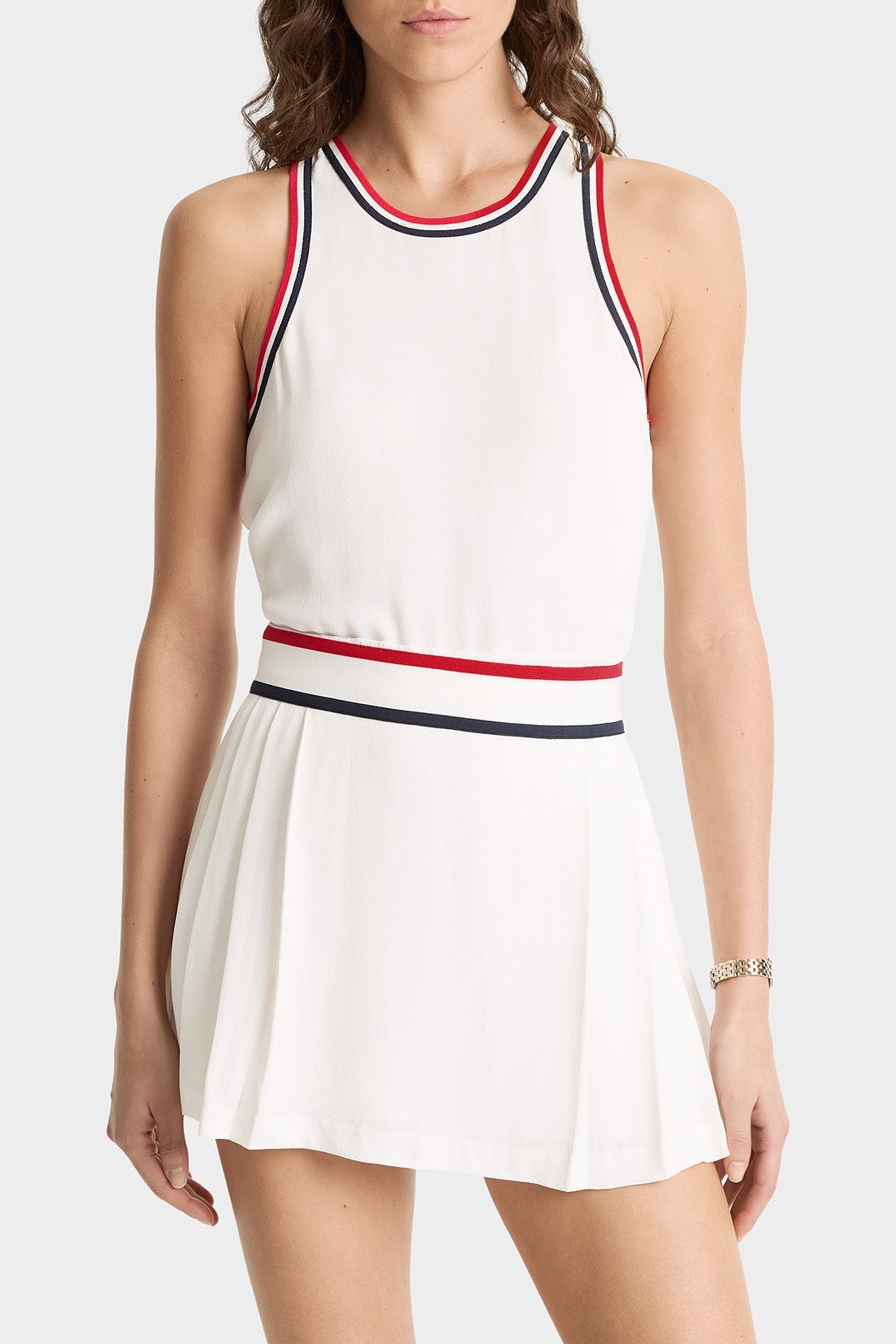 Robe courte SRC sans manches plissée - White & Navy & Red