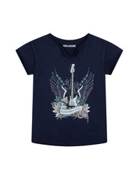 Cotton T-shirt with print and studs - Dark indigo