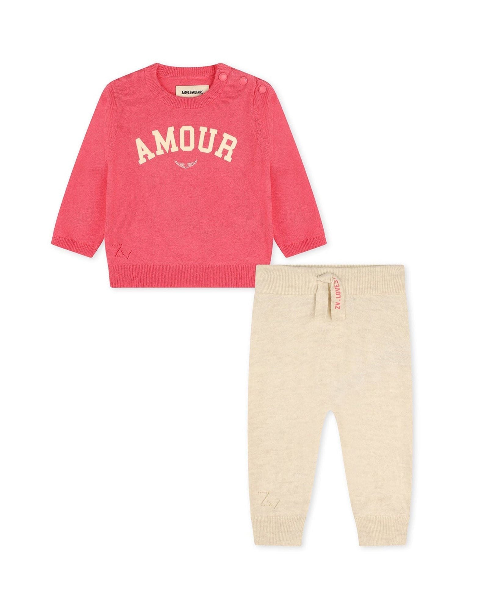 Ensemble pull et pantalon en laine - Rose ecru