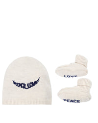 Wool and cashmere bonnet and slipper set - Linen Chiné