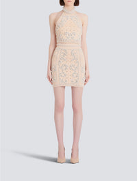 Jupe courte taille haute brodée - Nude Clair