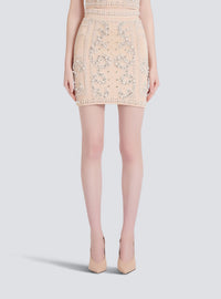 Jupe courte taille haute brodée - Nude Clair