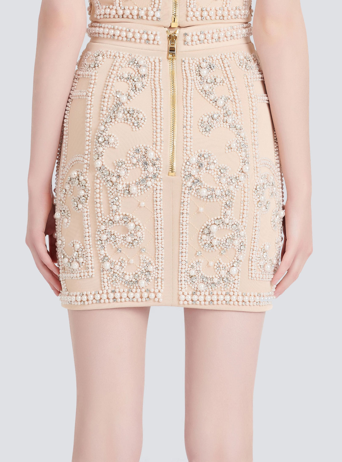 Jupe courte taille haute brodée - Nude Clair