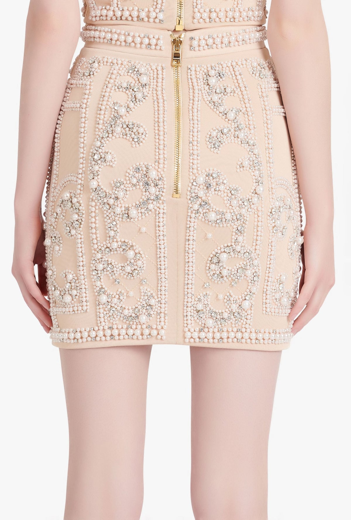 Jupe courte taille haute brodée - Nude Clair