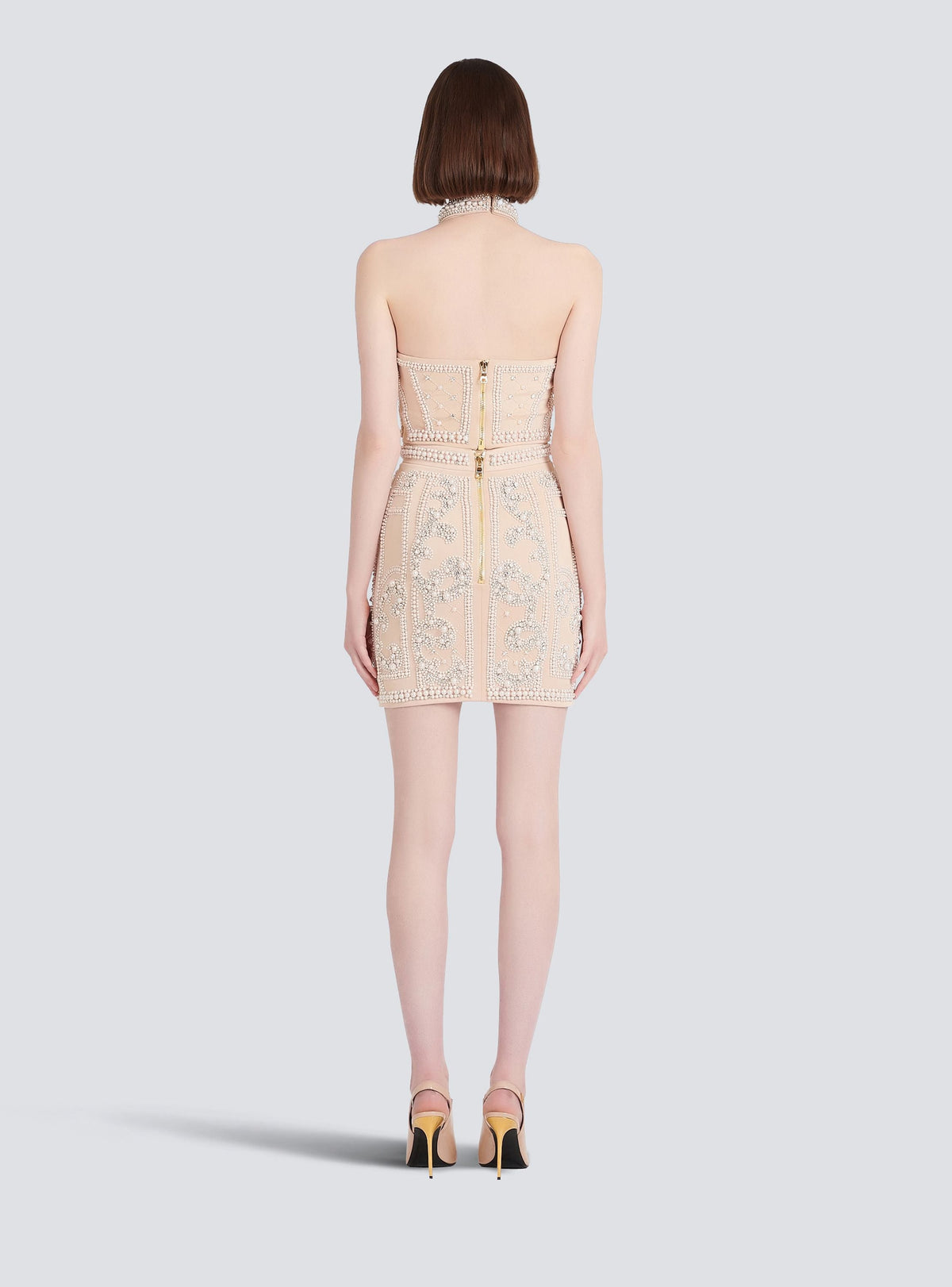 Jupe courte taille haute brodée - Nude Clair