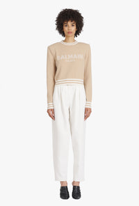 Sweat court en laine avec logo balmain - Sable & Naturel