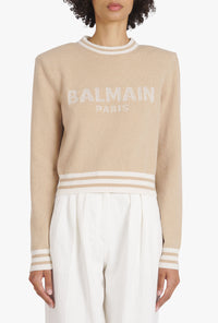 Sweat court en laine avec logo balmain - Sable & Naturel