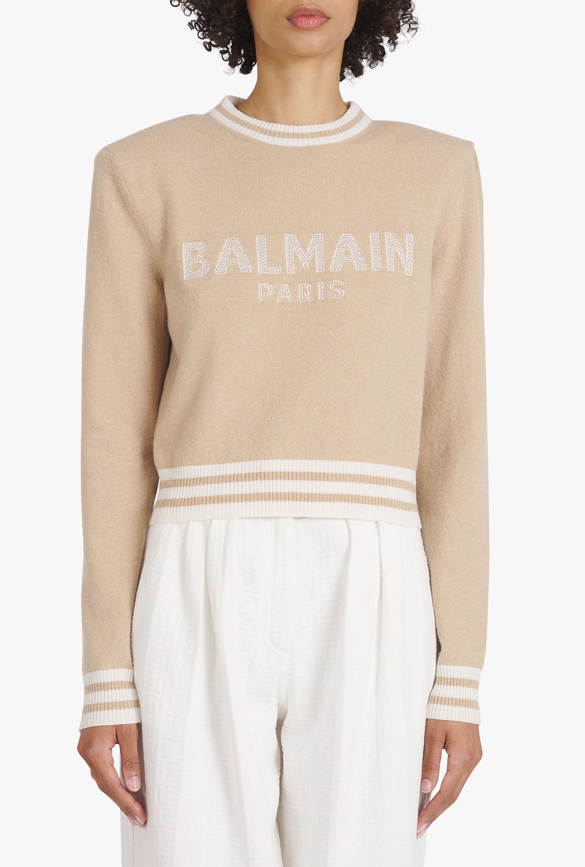 Sweat court en laine avec logo balmain - Sable & Naturel