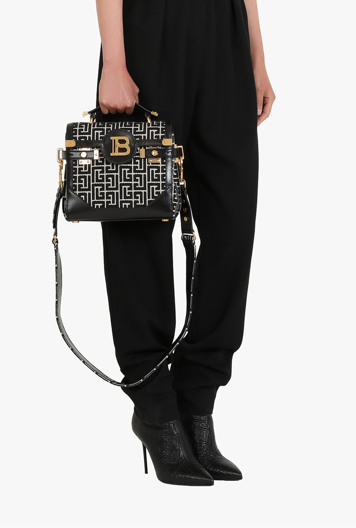 Sac b-buzz 23 en jacquard bicolore et empiècement en cuir - Ivoire & Noir