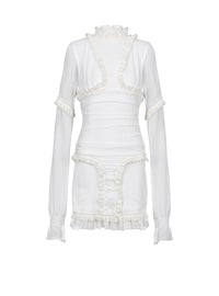 Short draped silk dress with ruffles - Natural