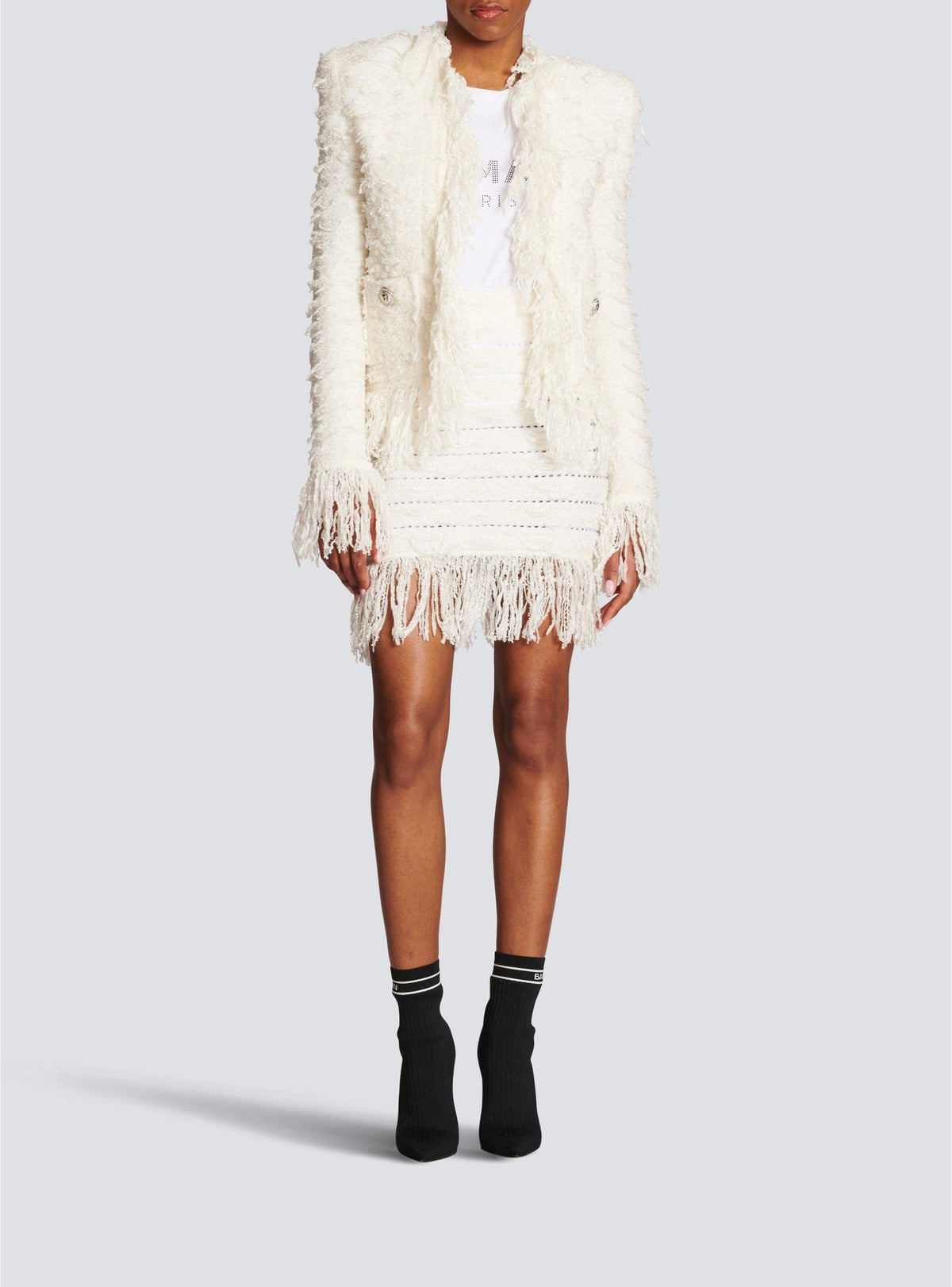 Jupe à franges en tweed - Blanc Cassé