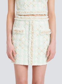 Jupe courte en tweed avec broderies - Blanc & Vert Pâle