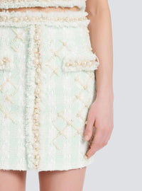 Jupe courte en tweed avec broderies - Blanc & Vert Pâle
