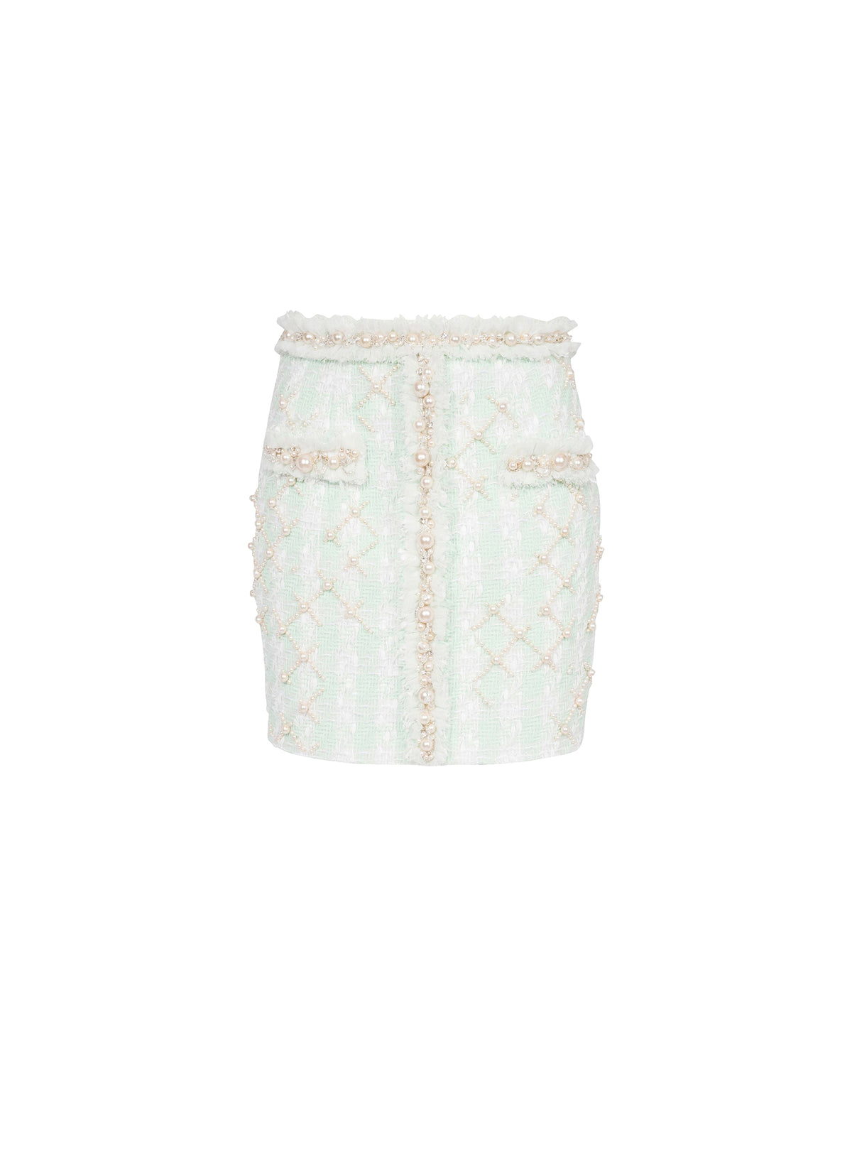 Embroidered tweed short skirt - White & Pale Green